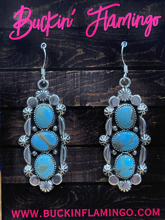3 Stone Turquoise dangle Earrings