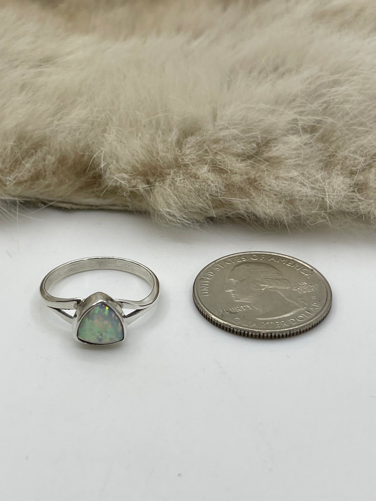 8.0 White Opal Triangle Single Stone Ring by Theresa Smith, Navajo
