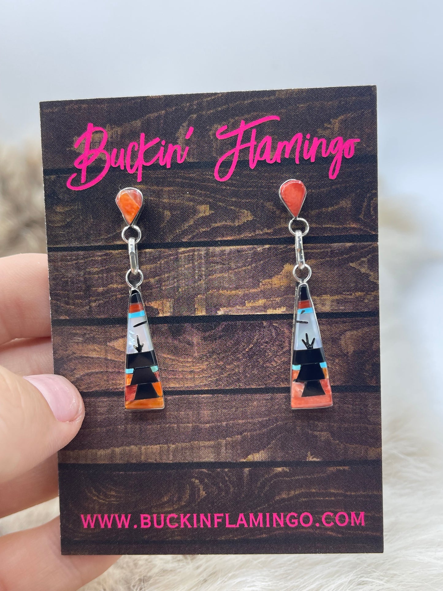 Multi Stone Inlay Post Dangle Earrings by Jason Bobelu, Zuni