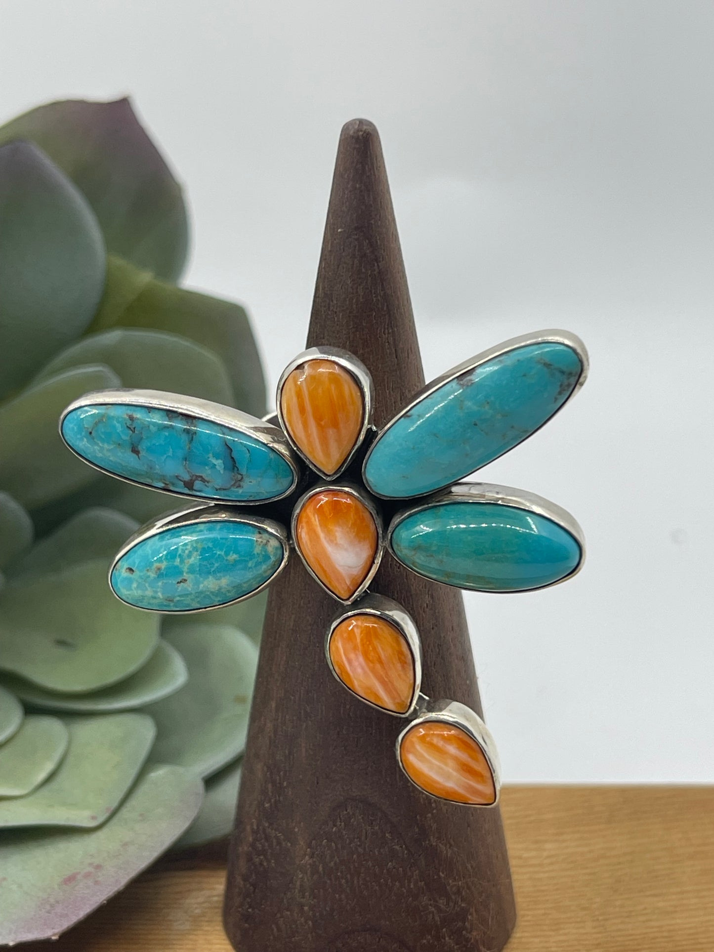 Adjustable Turquoise and Orange Spiny Oyster Shell Dragonfly Ring