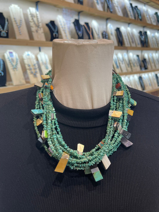21" 10 Strand Turquoise with Inlay Slabs by Jolene Bird, Santo Domingo