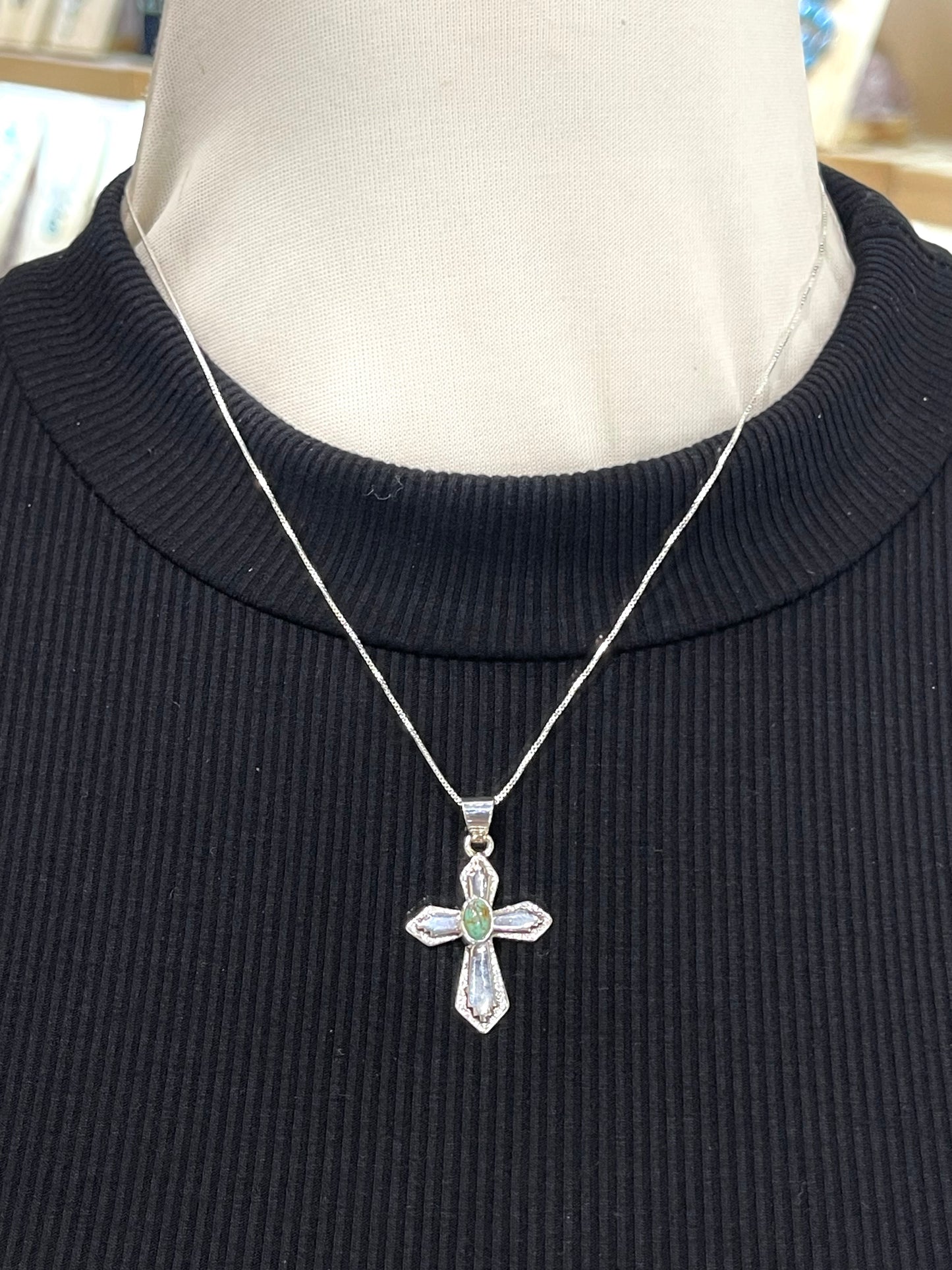 18'' Turquoise Stone Cross Necklace By Runningbear, Navajo
