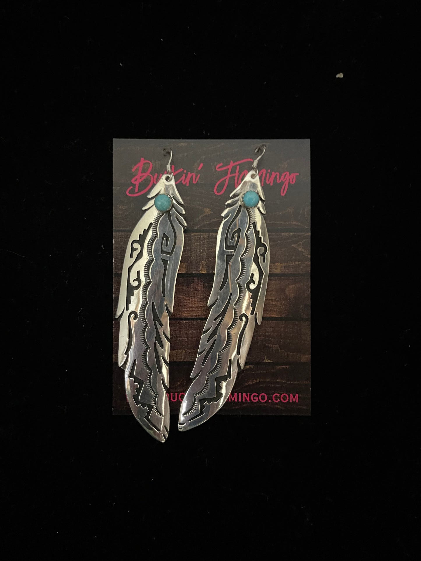 Long Turquoise Feather Dangle Earrings by Tommy and Rose Singer, Navajo