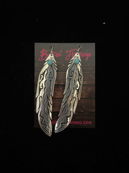 Long Turquoise Feather Dangle Earrings by Tommy and Rose Singer, Navajo
