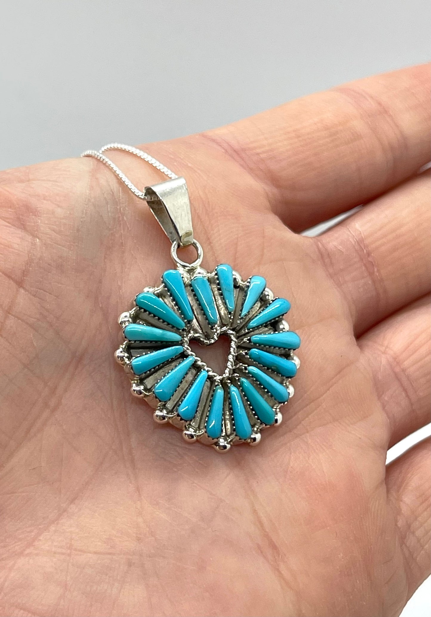 16" Turquoise Needlepoint Heart Necklace by Rebecca B. Laate, Zuni
