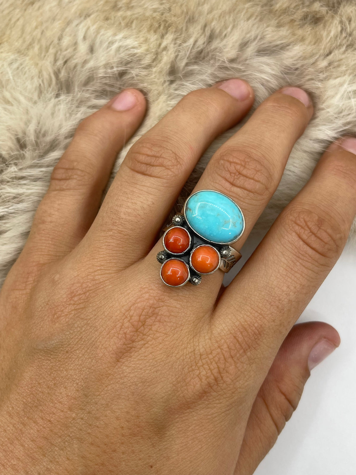Adjustable 7.0-9.0 Turquoise & Red Coral Ring