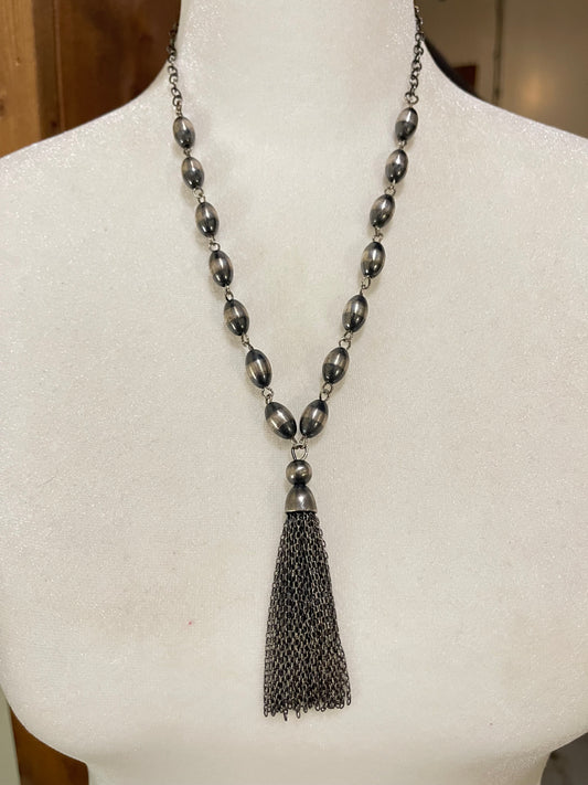 8mm Navajo Pearl and Chain Necklace with Tassel (20” + 3” tassel)