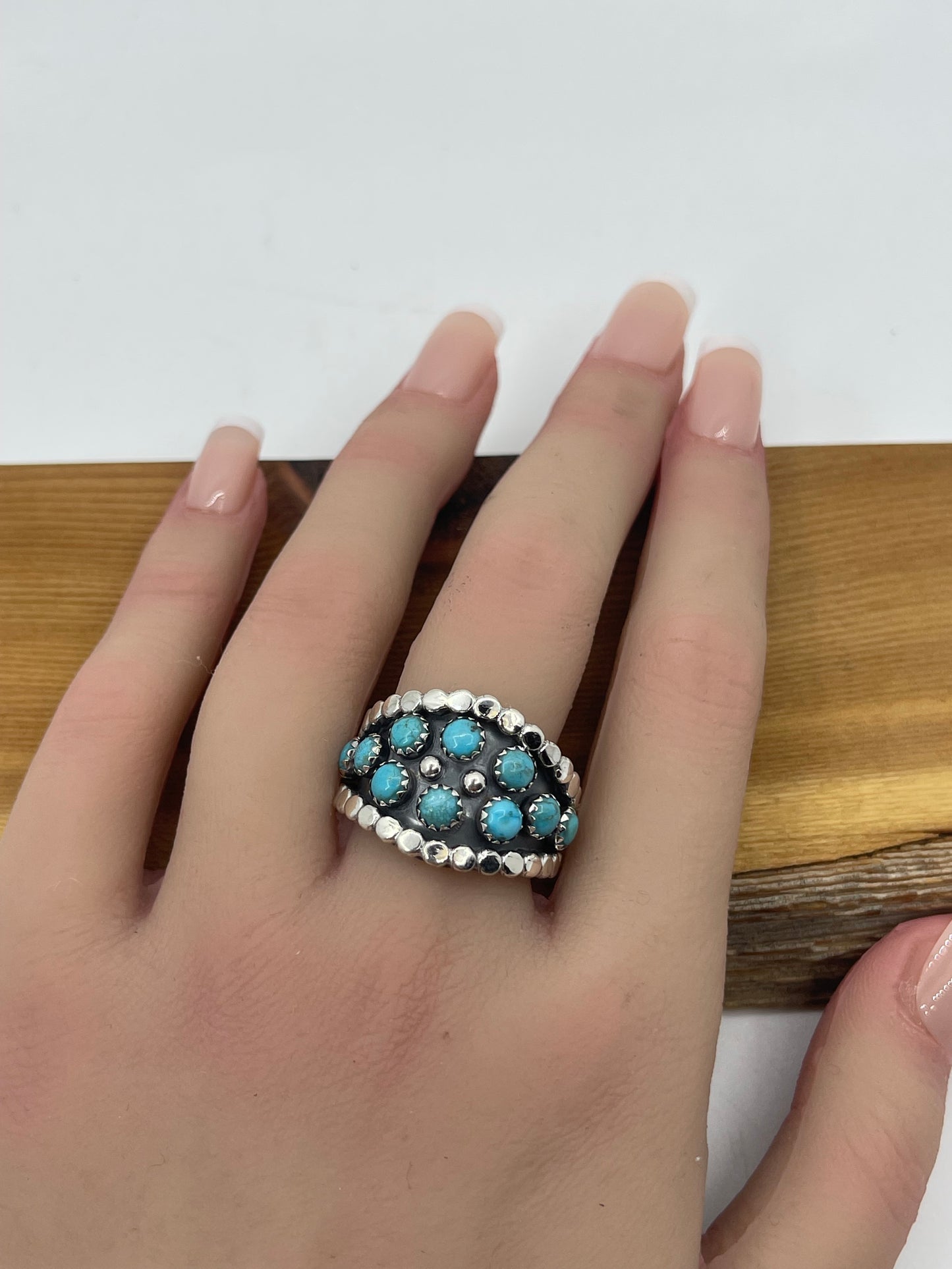 7.5 10 Stone Turquoise Ring by Kenny Lonjose, Navajo
