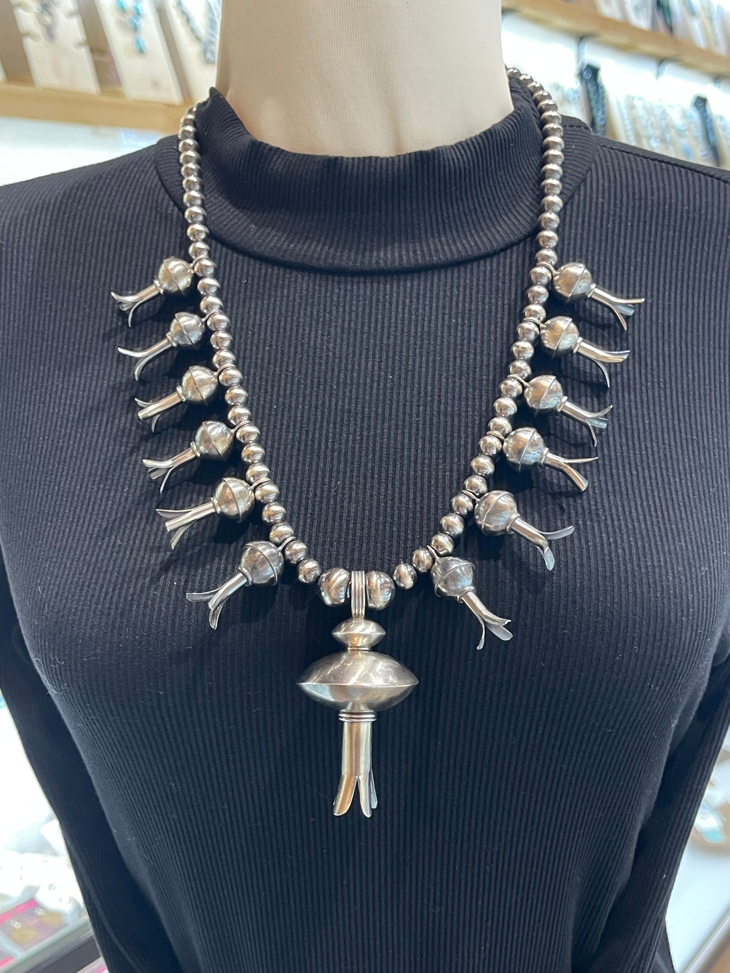 24" 7.5mm Navajo Style Pearls Squash Blossom Necklace