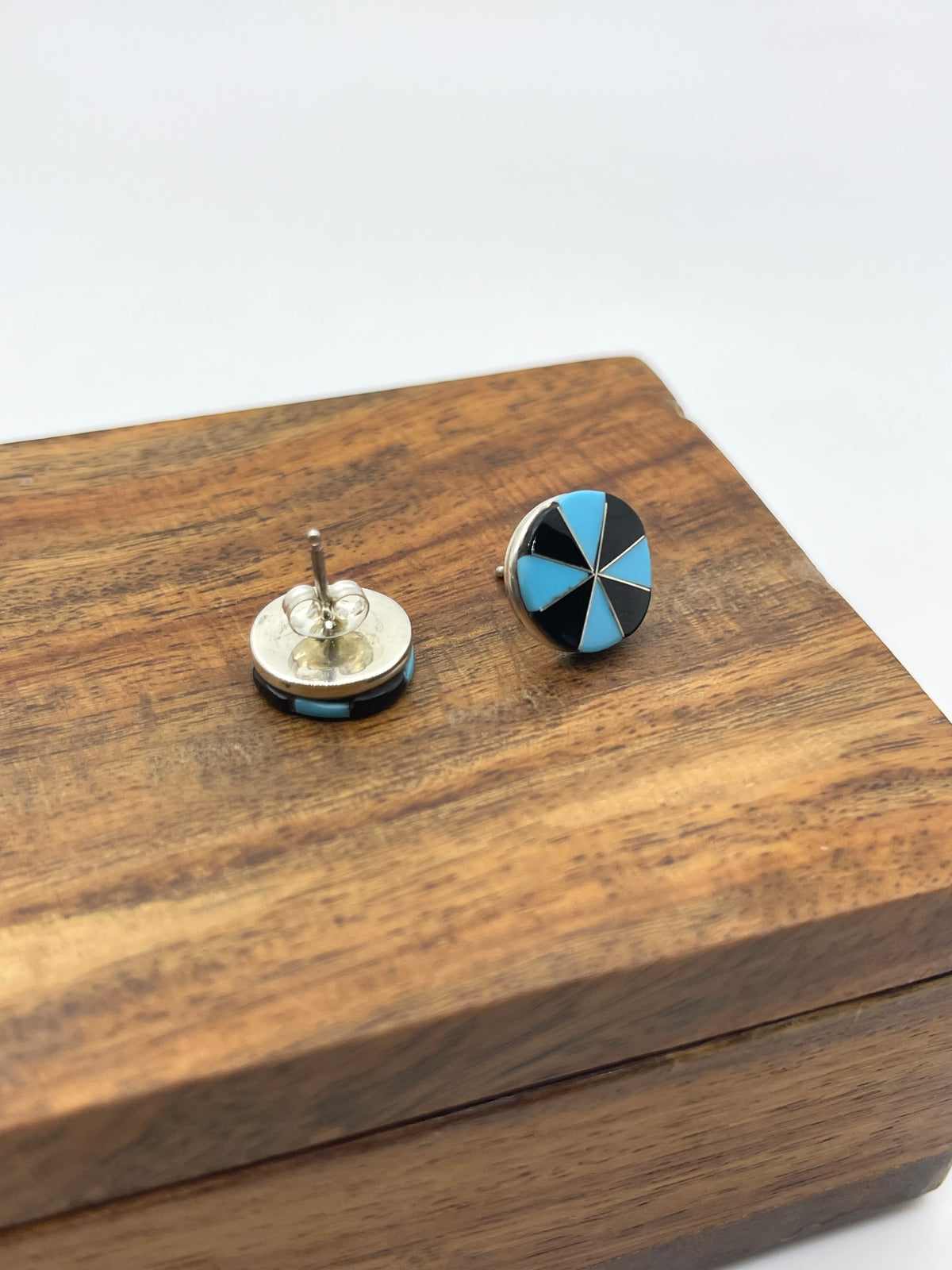 Black Onyx & Turquoise Inlay Circle Earrings by Johnson Laweka, Zuni