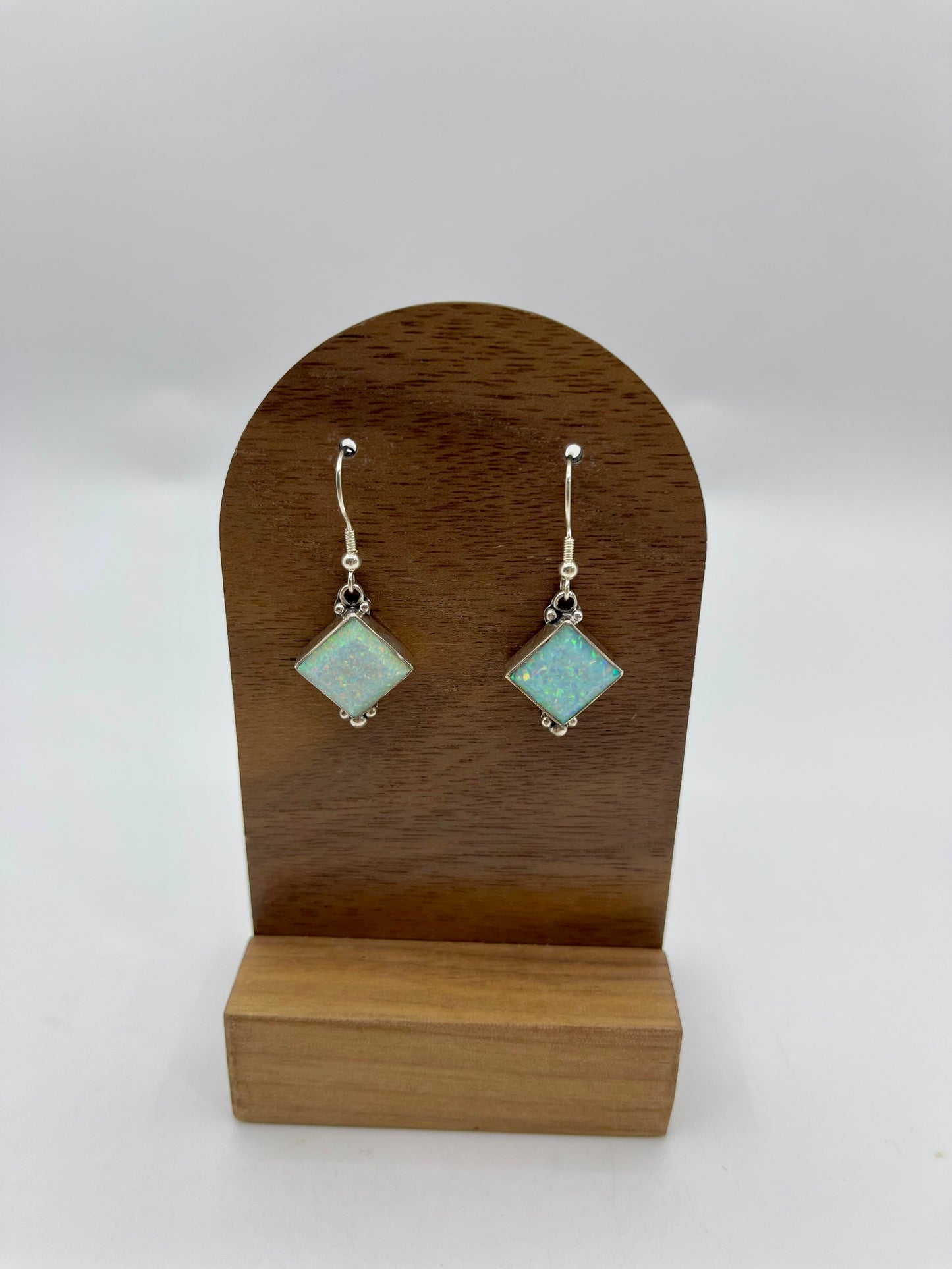 Square White Opal Dangly Earrings