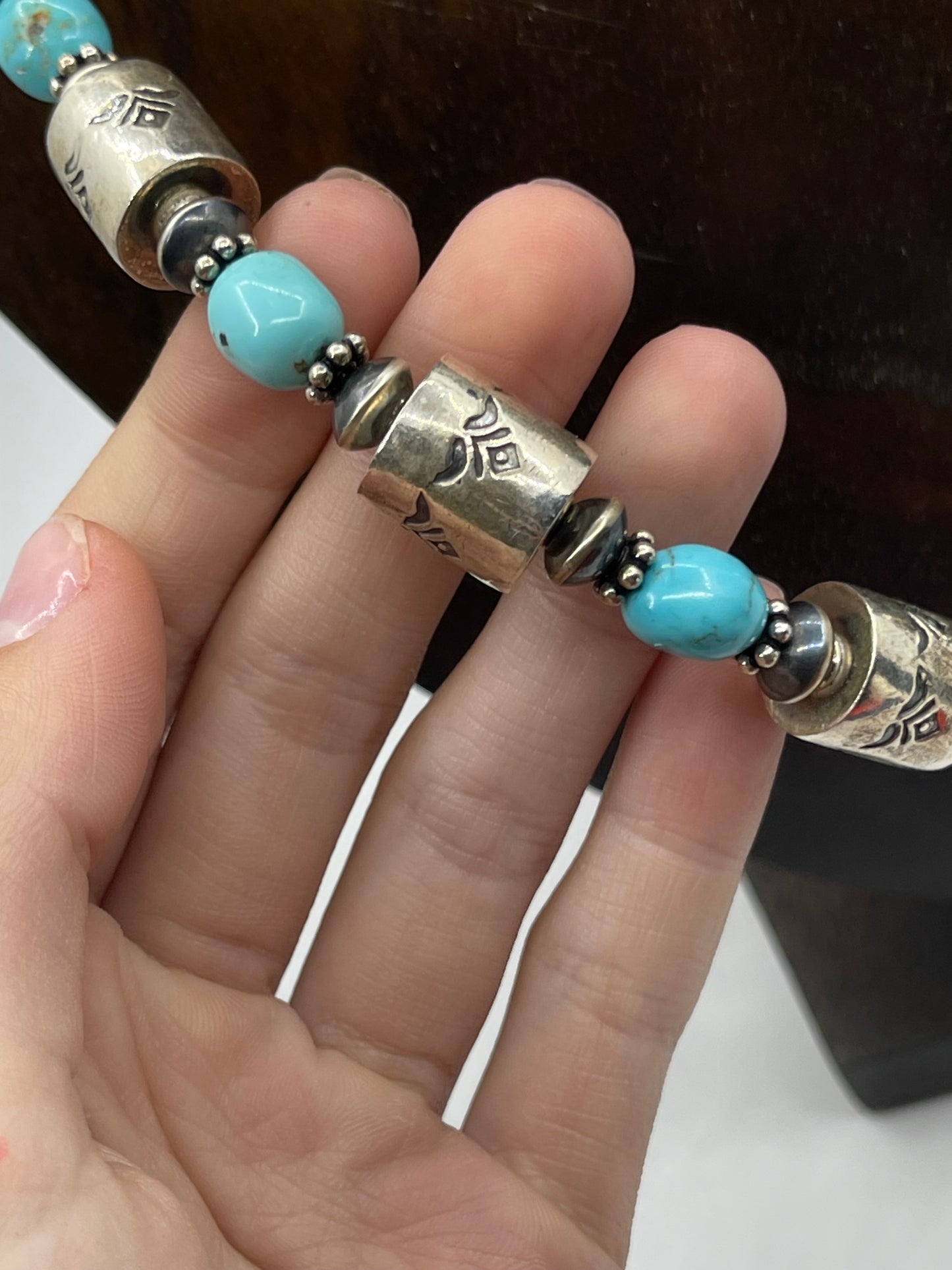 LOT 95 1/25      30" Turquoise and Stamped Sterling Silver Barrel Beads
