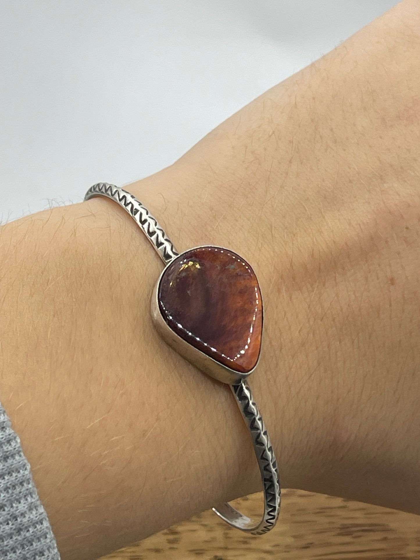 Spiney Oyster Single Stone Stamped Triangle Wire Cuff by Judith Dixon, Navajo