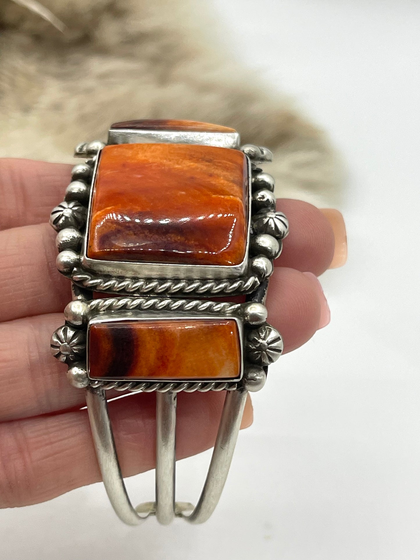 3 Stone Orange Spiny Oyster Cuff by Augustine Largo, Navajo