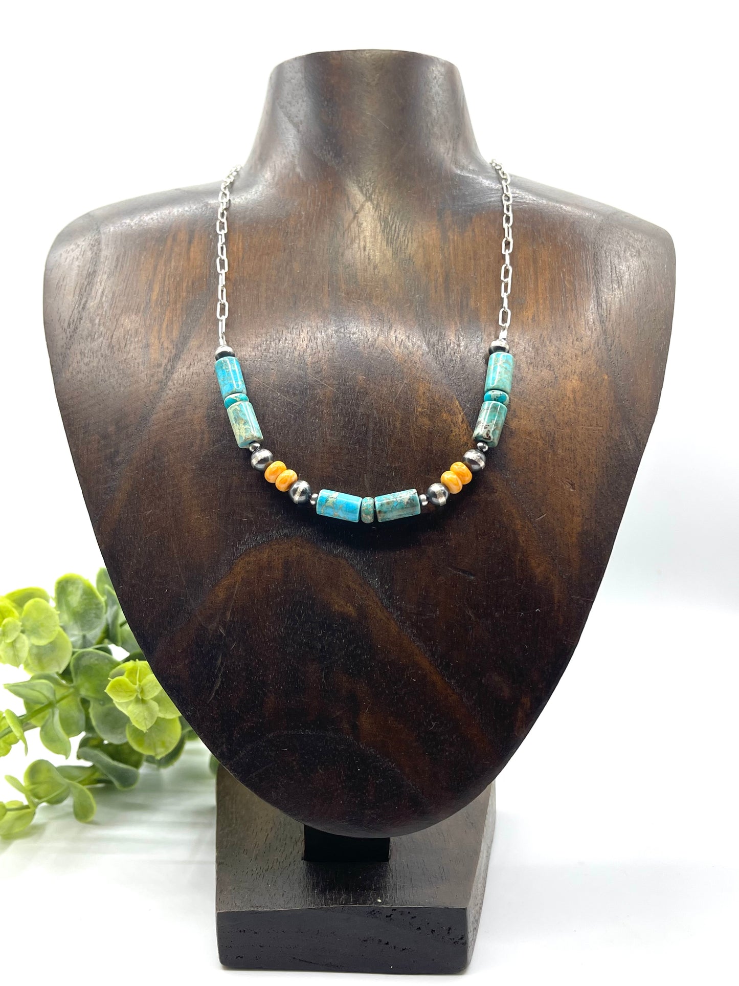 17" Magnesite & Orange Spiny Oyster With Navajo Style Pearls