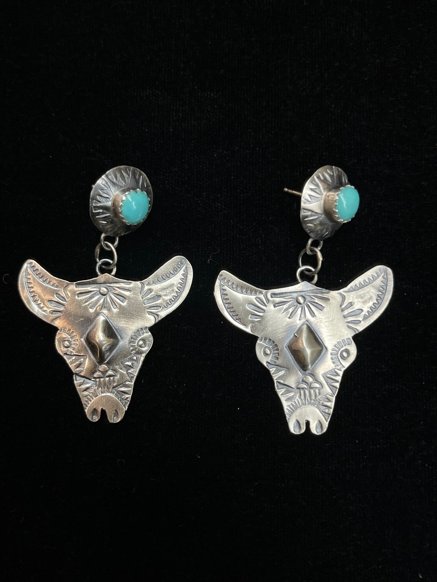 Stamped Sterling Silver Bull Head Earrings by Gabrielle Yazzie, Navajo