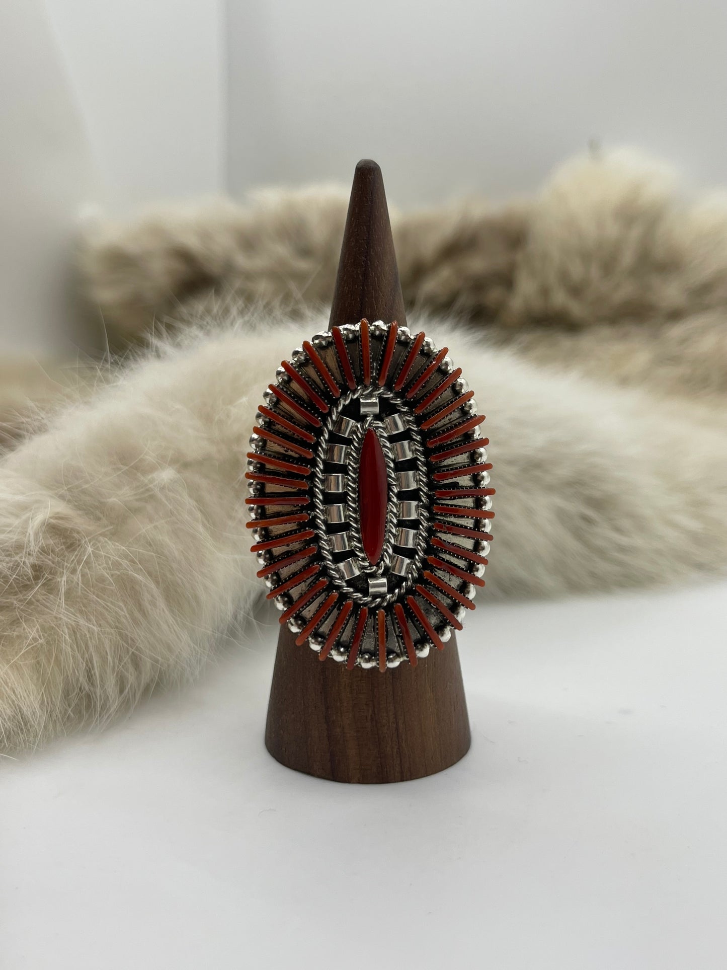 9.0 Red Coral Needlepoint Cluster Ring by Berton Cooyeyate, Zuni