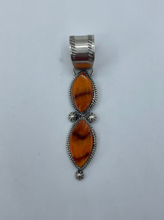 Orange Spiny Oyster 2 Stone Pendant by Selina Warner, Navajo
