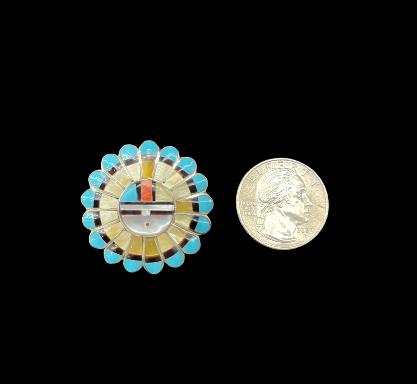 Zuni Round Mother of Pearl, Coral, Black Jet and Turquoise Inlay in Pin/Pendant/Brooch