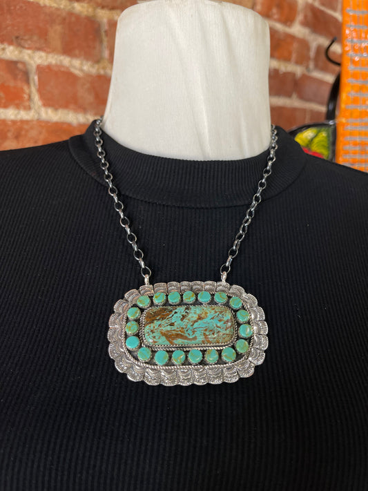 18" Kingman Turquoise Cluster Bar Necklace by Larry Etsitty, Navajo