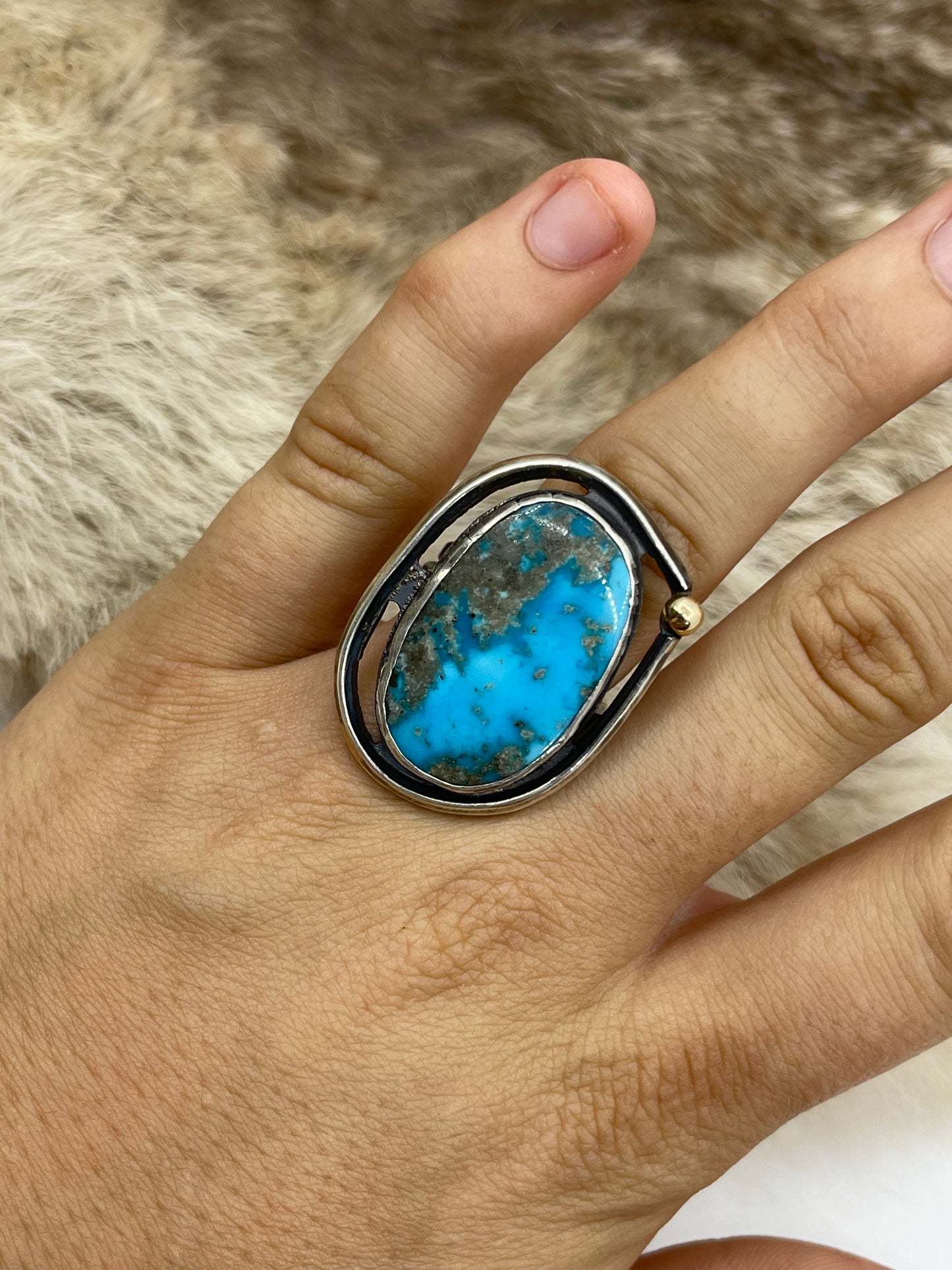 Bad Bronc Adjustable (Up To 10.0) Ring w/ Arizona Turquoise & 14k Gold Ball by Bad Bronc