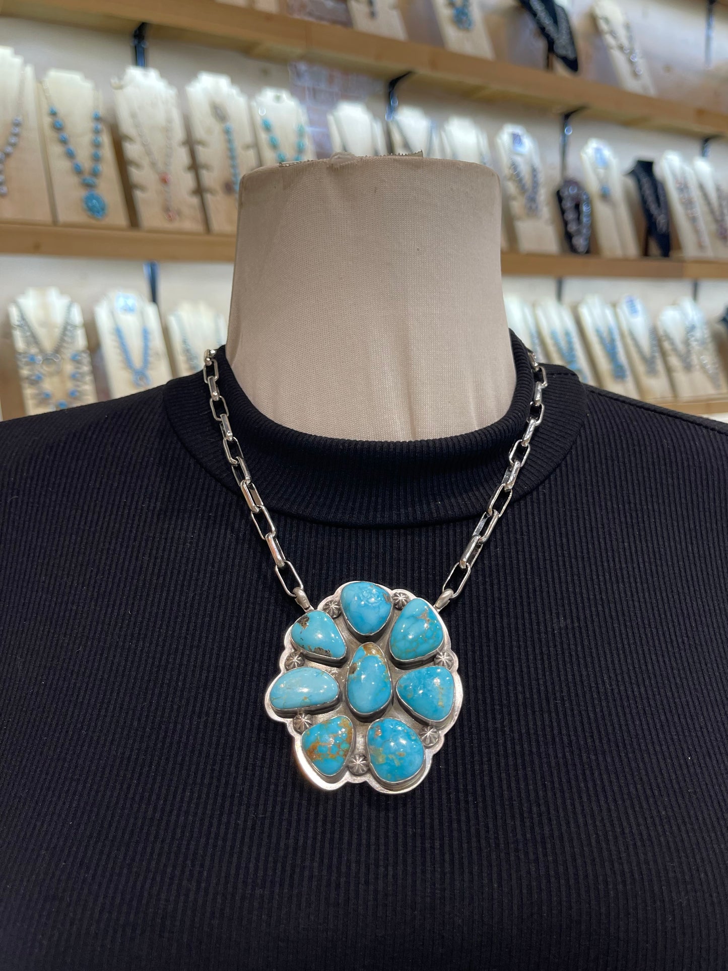 18" High Grade Kingman Turquoise Cluster Necklace by Gabby Jurado, Navajo