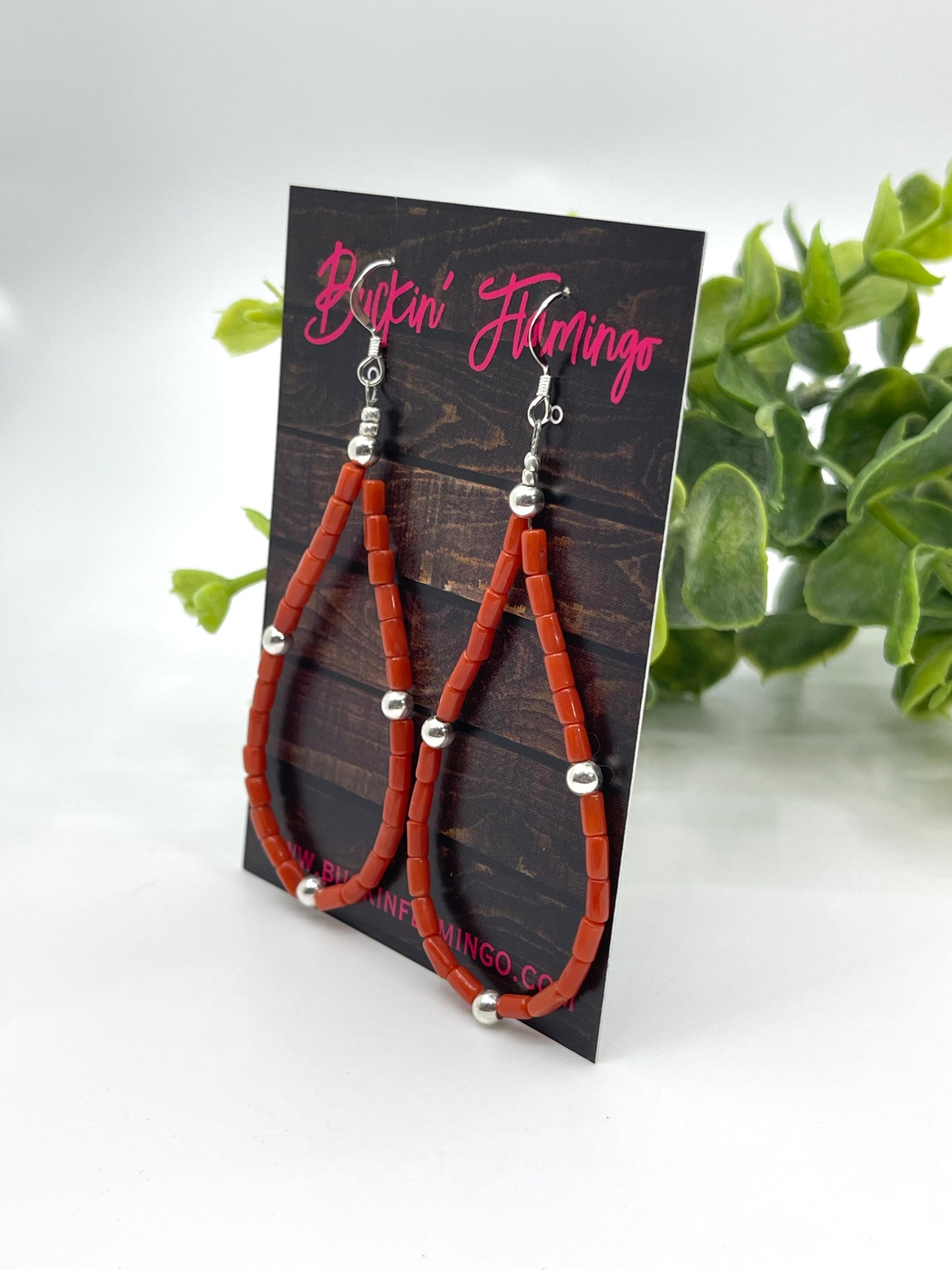 Red Coral Teardrop with Silver Beads Earrings