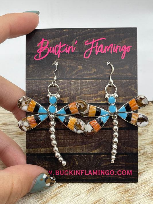 Wild Horse, Turquoise, Black Onyx, Spiny, and Mother of Pearl Dragonfly Dangle Earrings by Angus Ahiyite, Zuni