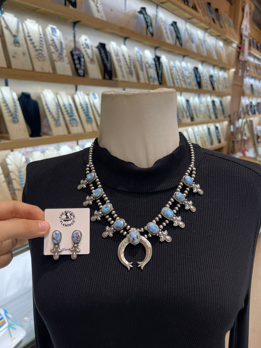 20” Golden Hills Turquoise Squash Blossom Necklace & Earring Set by Adrienne P. Gordon, Navajo