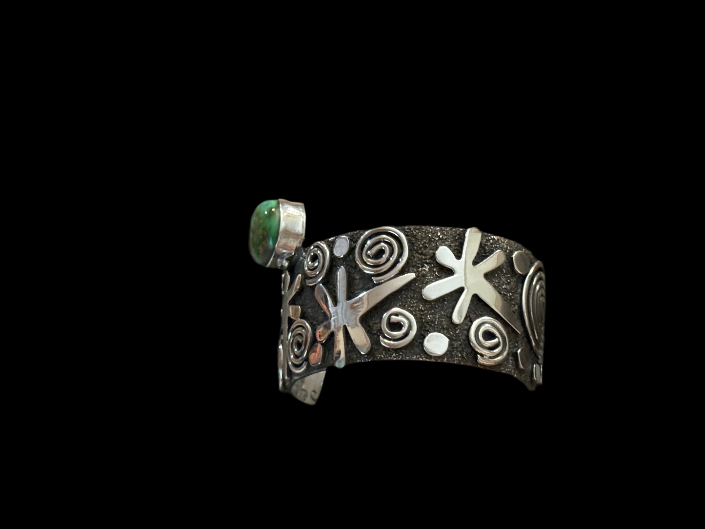 Dragonfly and Spiral Petroglyph Cuff with Sonoran Gold Turquoise by Alex Sanchez, Navajo (medium width)