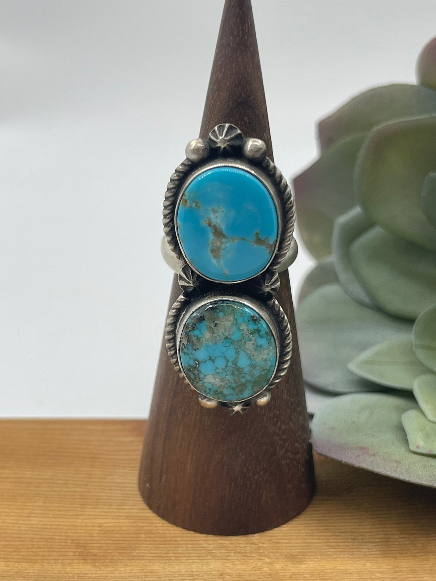 Adjustable 2 Stone Turquoise Ring, Navajo Made