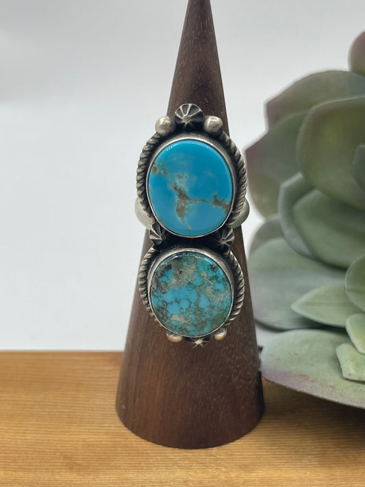 Adjustable 2 Stone Turquoise Ring, Navajo Made