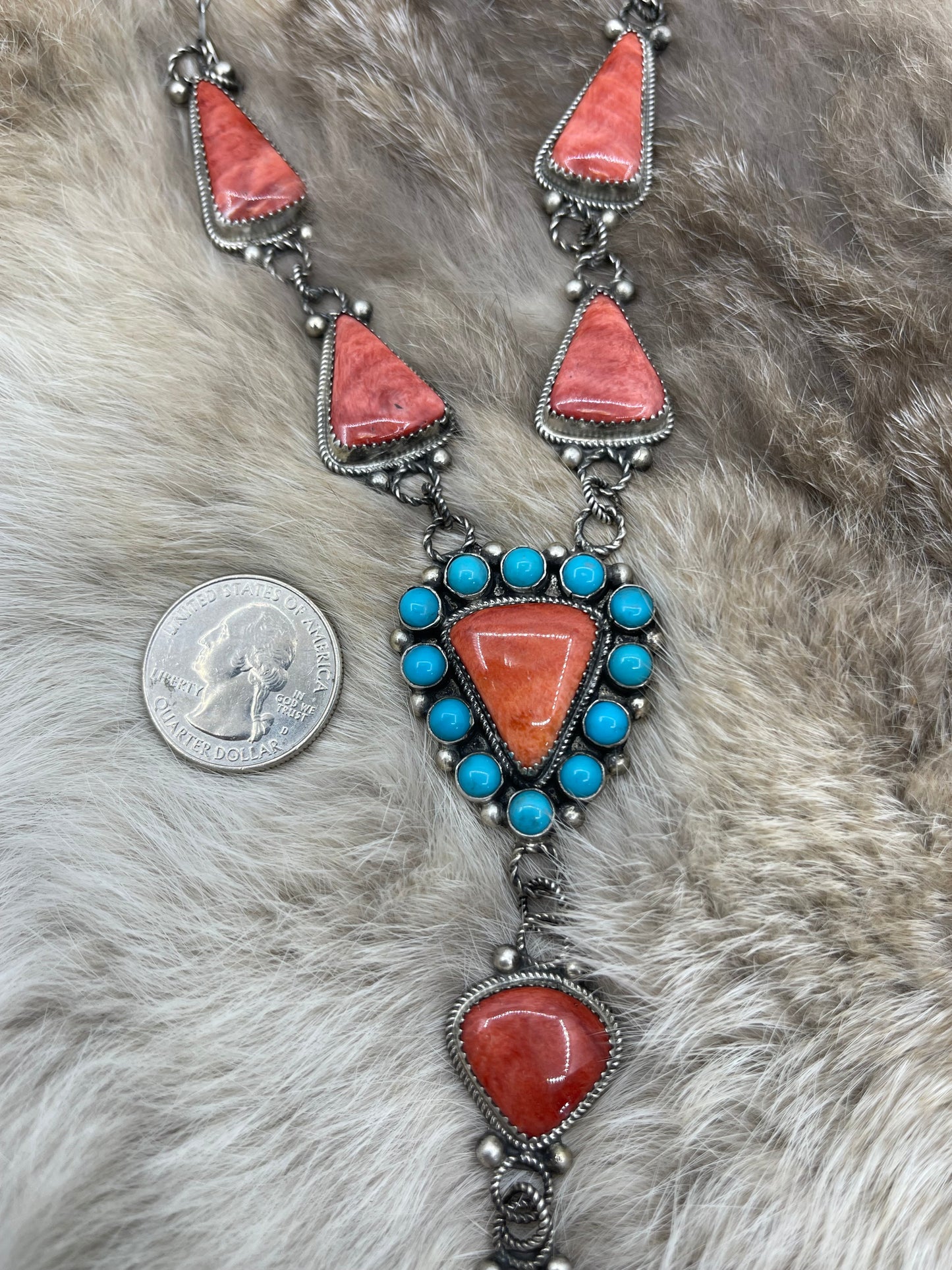 24" Turquoise & Spiny Oyster Shell Cluster Lariat, Navajo Made