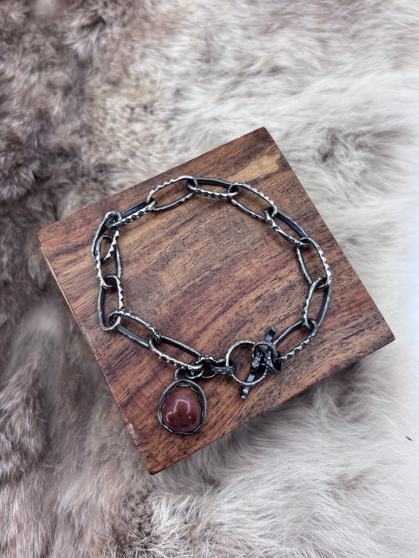 7" Paperclip Chain Bracelet with Coral Stone by Bad Bronc