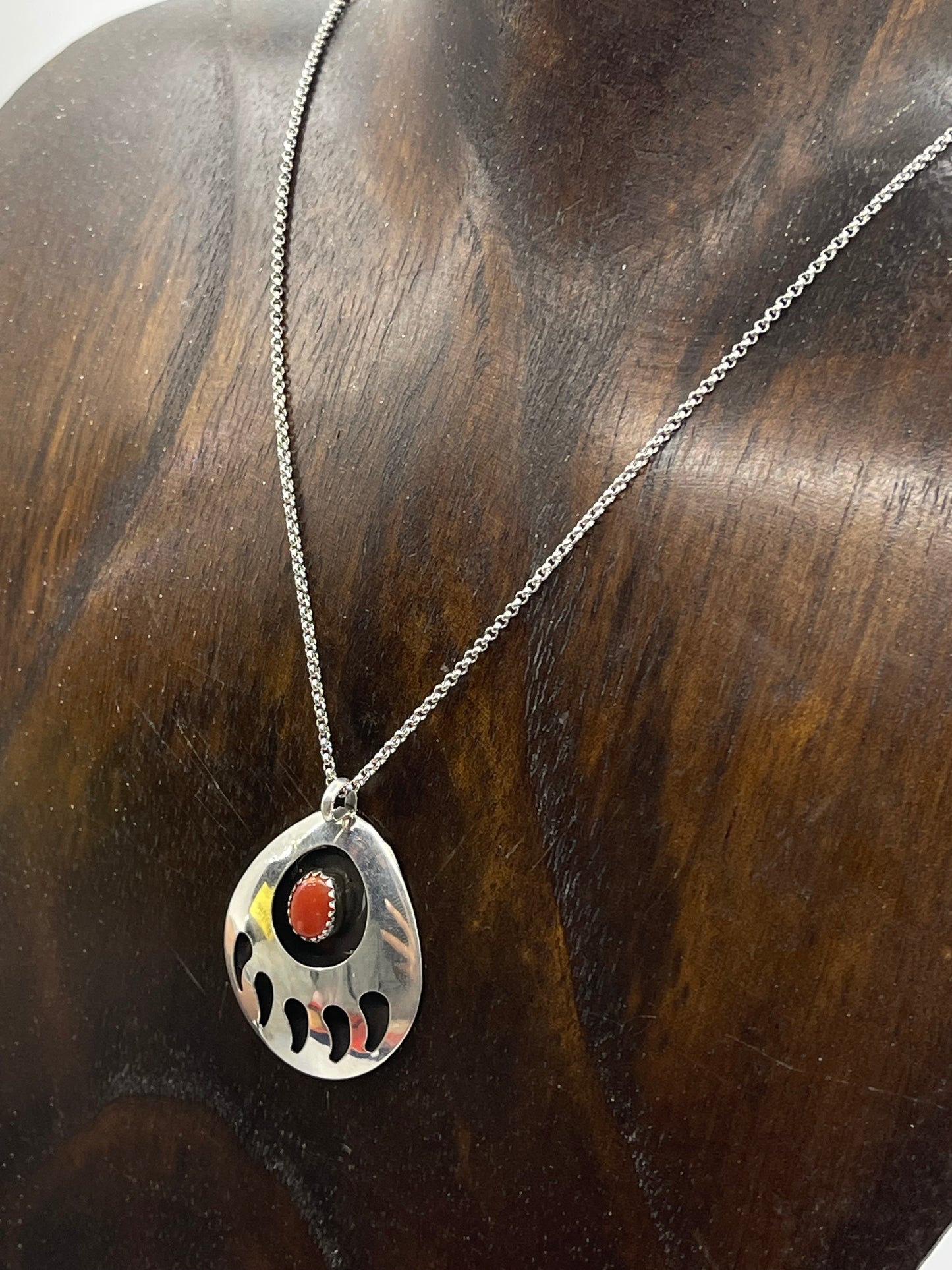 18" Bear Paw Red Coral Shadow Box Pendant Necklace by Virginia Long, Navajo