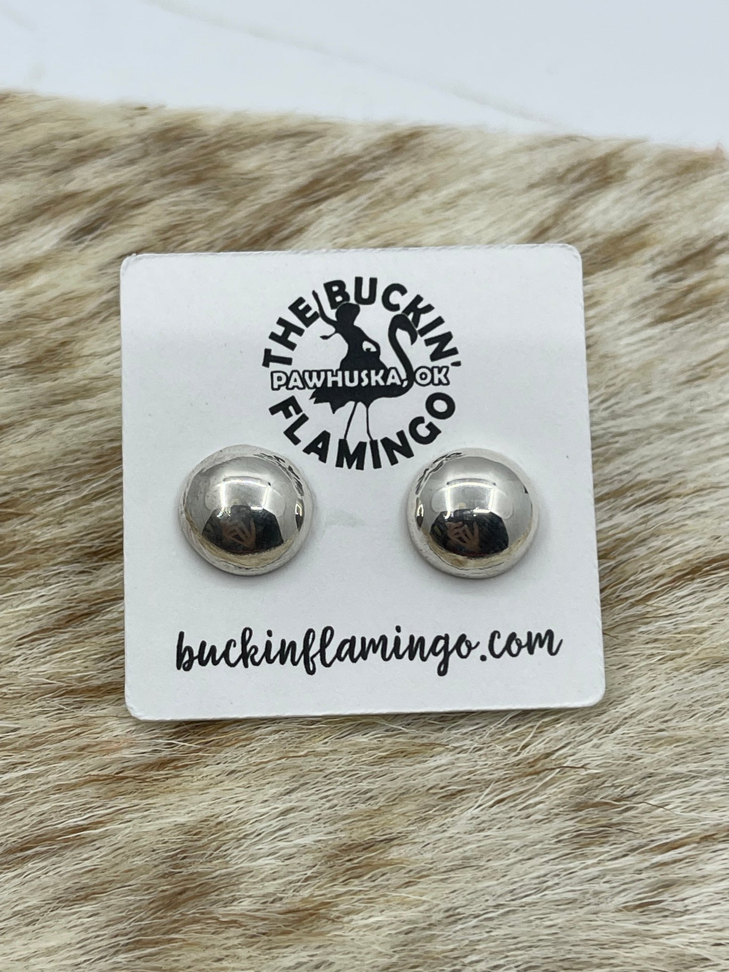 10mm Silver Half Pearl Post Earrings by Gloria Harvey, Navajo