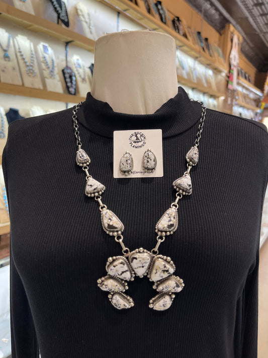 26" White Buffalo Naja Necklace & Earring Set by Elouise Kee, Navajo