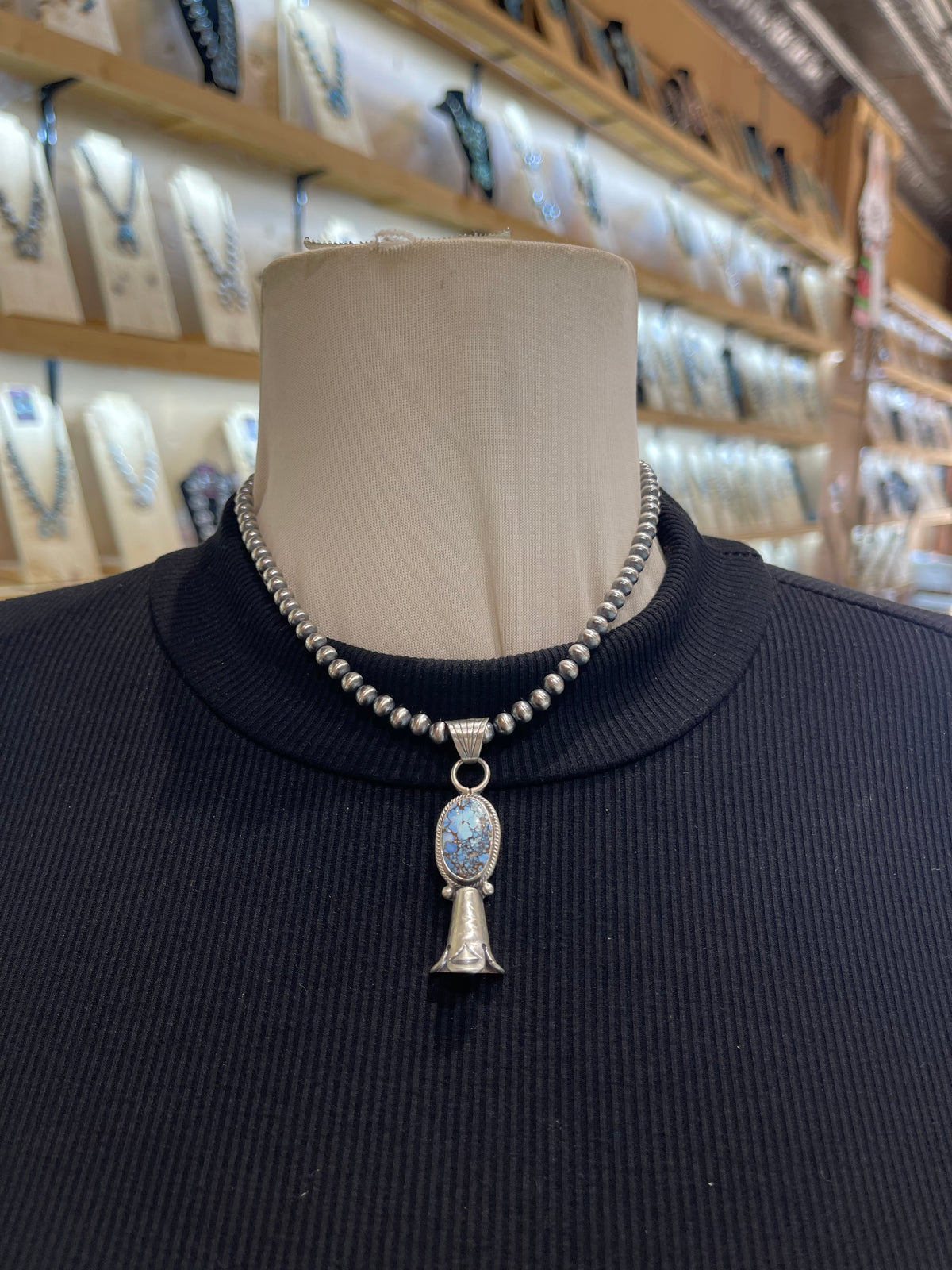 16" 5mm Navajo Style Pearls Golden Hills Turquoise Blossom Pendant by Sharon McCarthy, Navajo