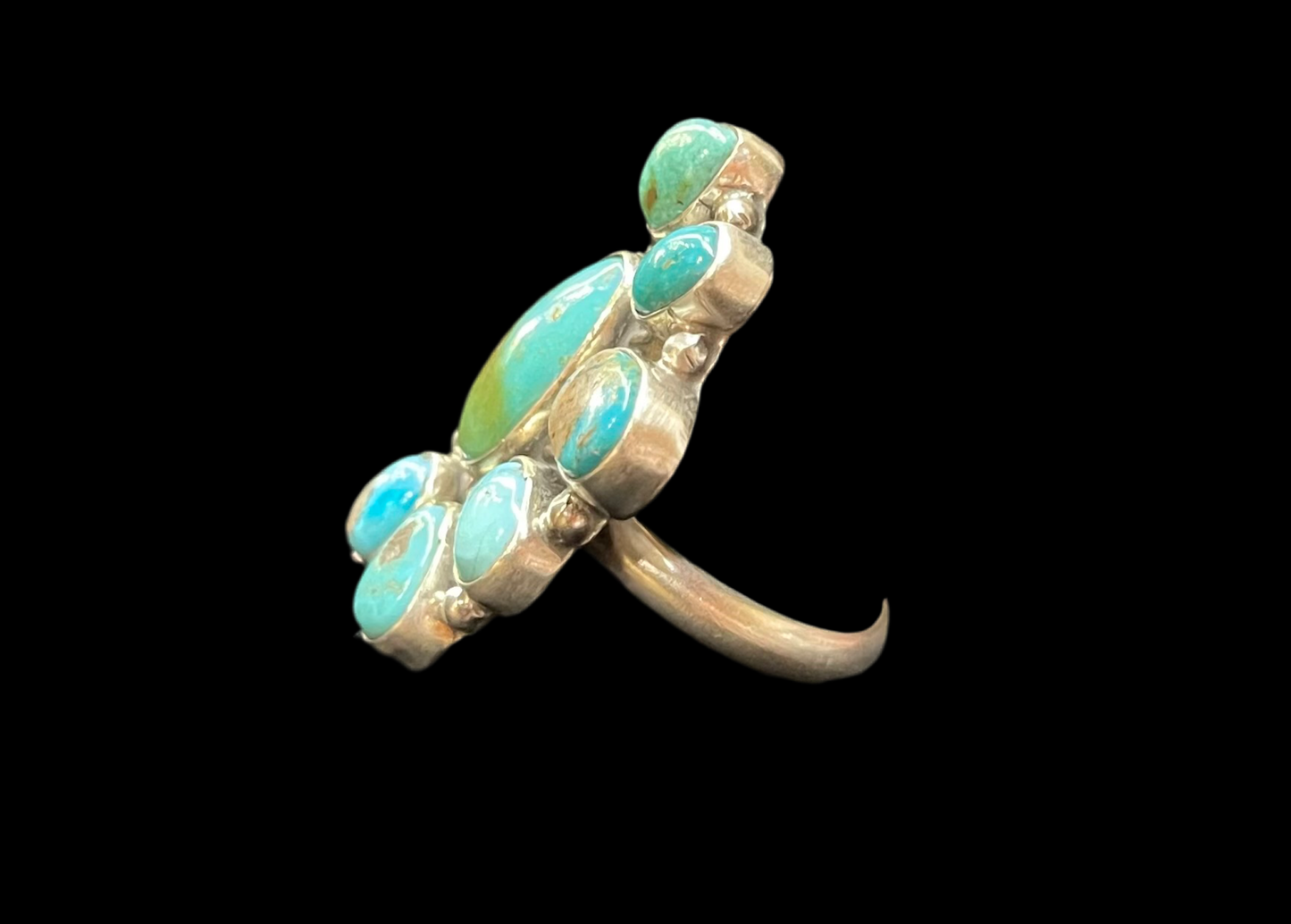 6.0-9.0 Adjustable Kingman Turquoise Half Cluster Ring by Geraldine James, Navajo