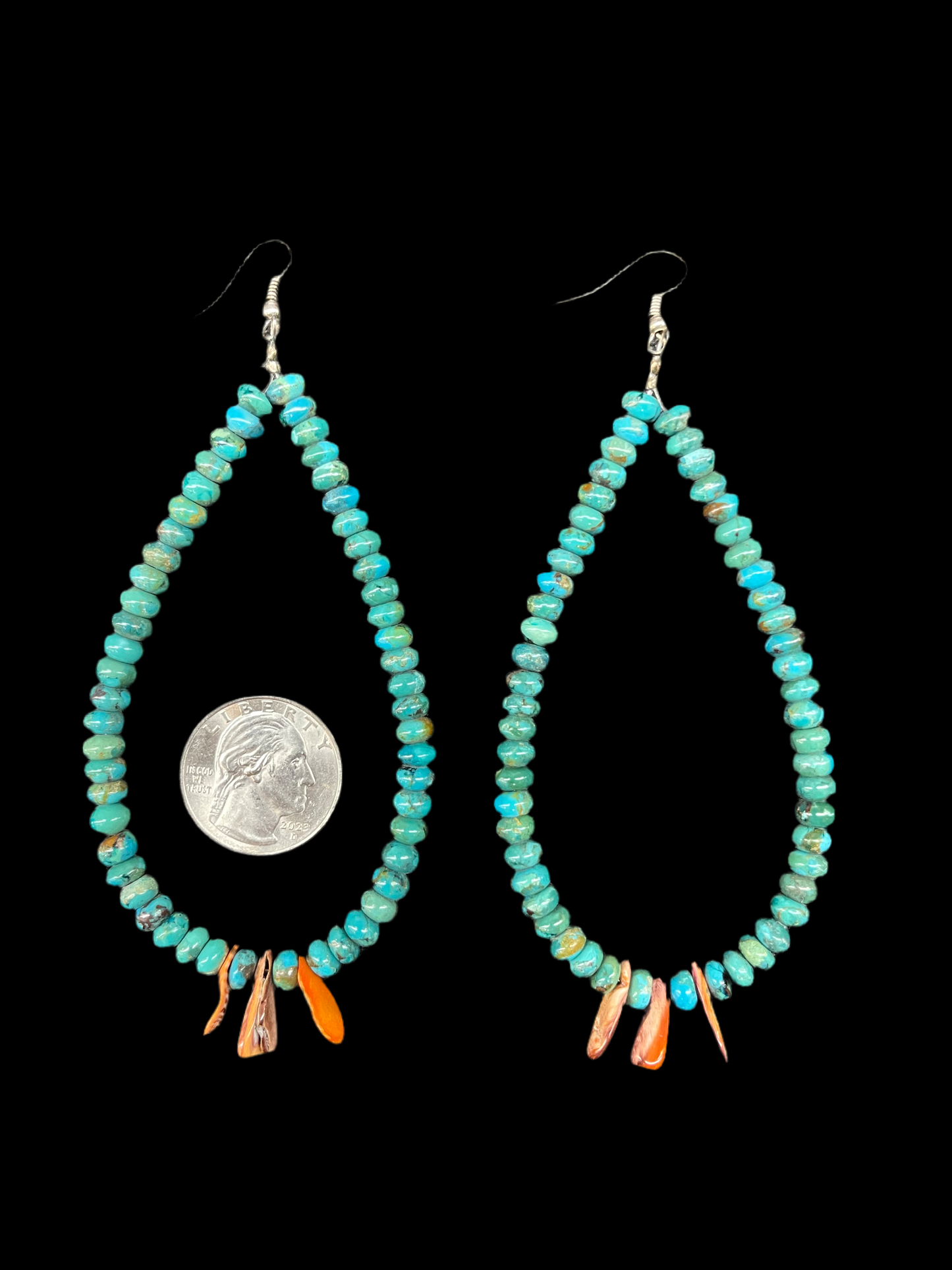 Long Turquoise Bead with Spiny Oyster Shell Tear Drop Dangles