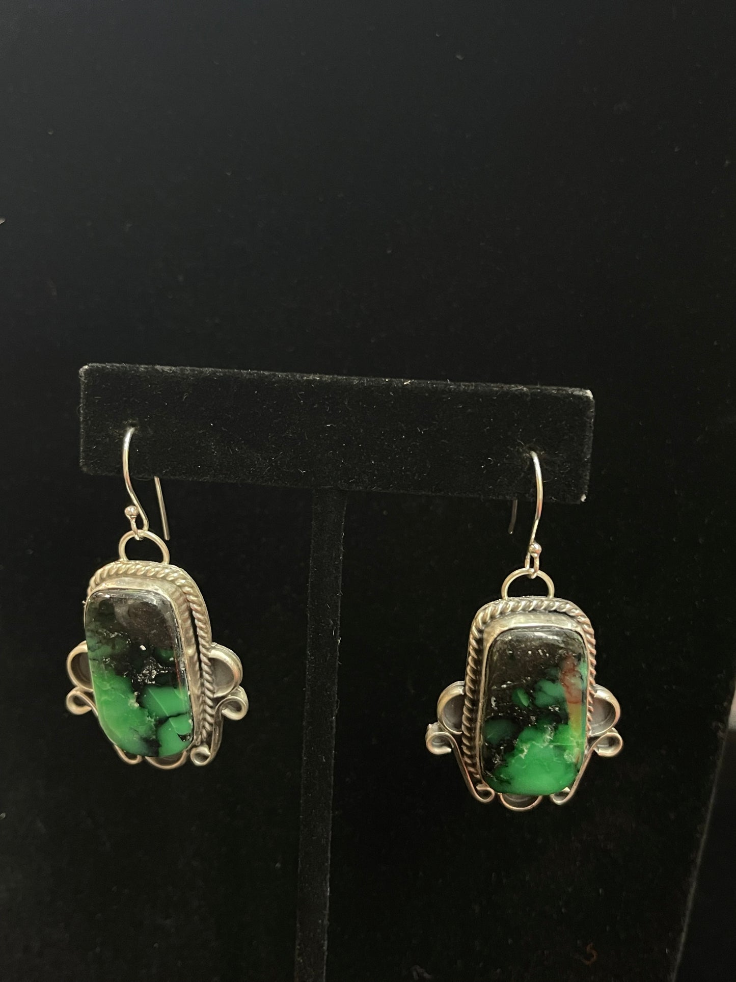 Emerald Rose Dangle Earrings by Terrell Nez Sr., Navajo