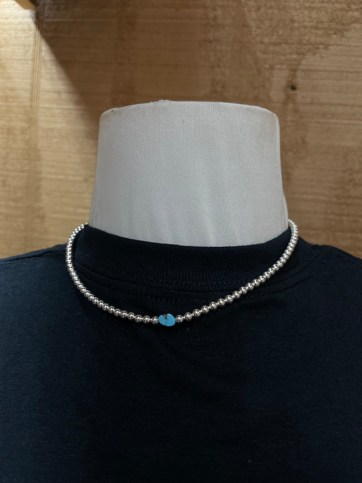 F4mm 16"+2" Silver and Turquoise Beaded Necklace