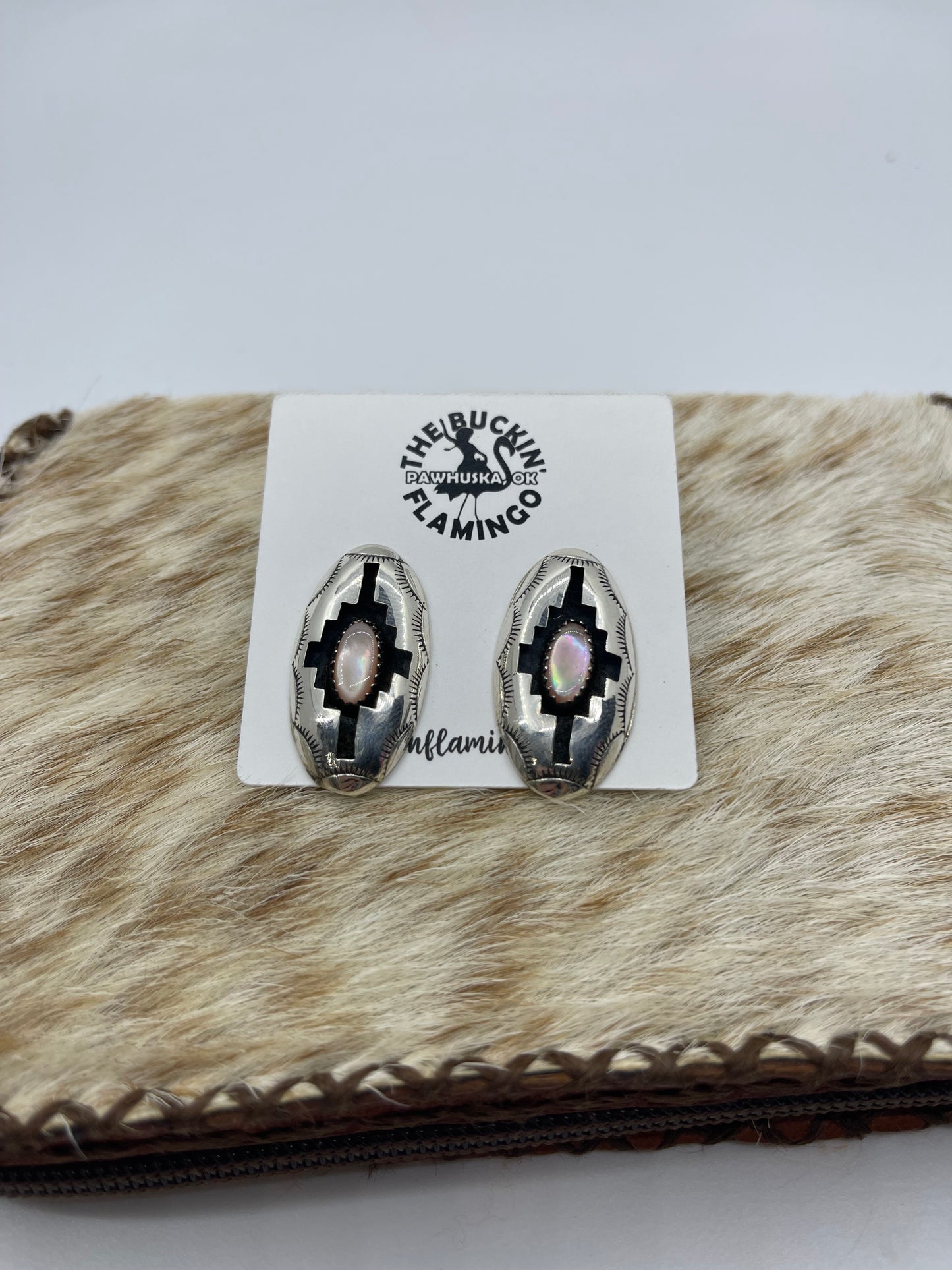 Oval Mother Of Pearl Shadowbox Post Earrings by Felix Perry, Navajo