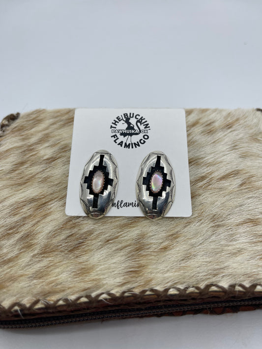 Oval Mother Of Pearl Shadowbox Post Earrings by Felix Perry, Navajo