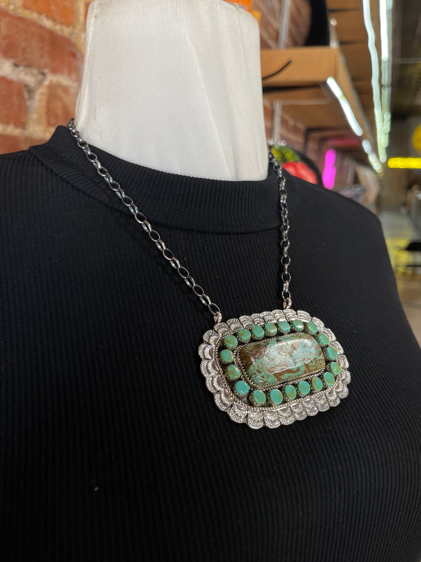 18" Kingman Turquoise Cluster Bar Necklace by Larry Etsitty, Navajo