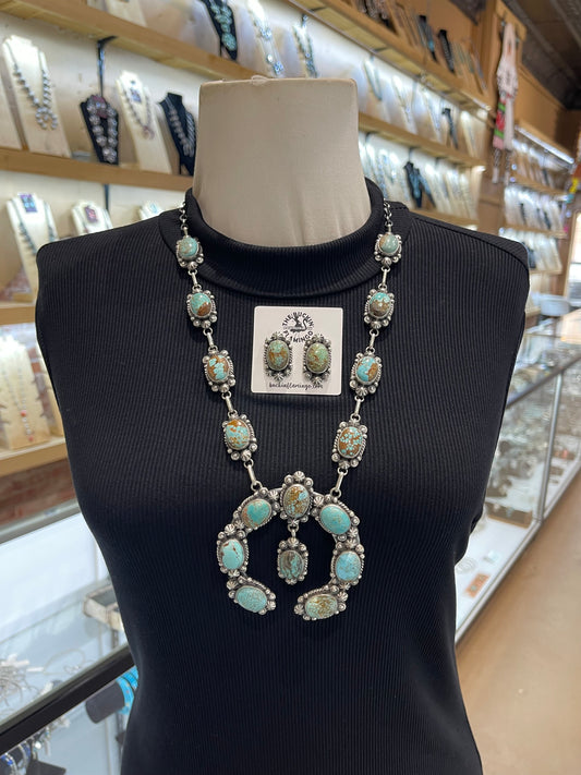 26" #8 Turquoise Squash Blossom Necklace & Earring Set by Augustine Largo, Navajo