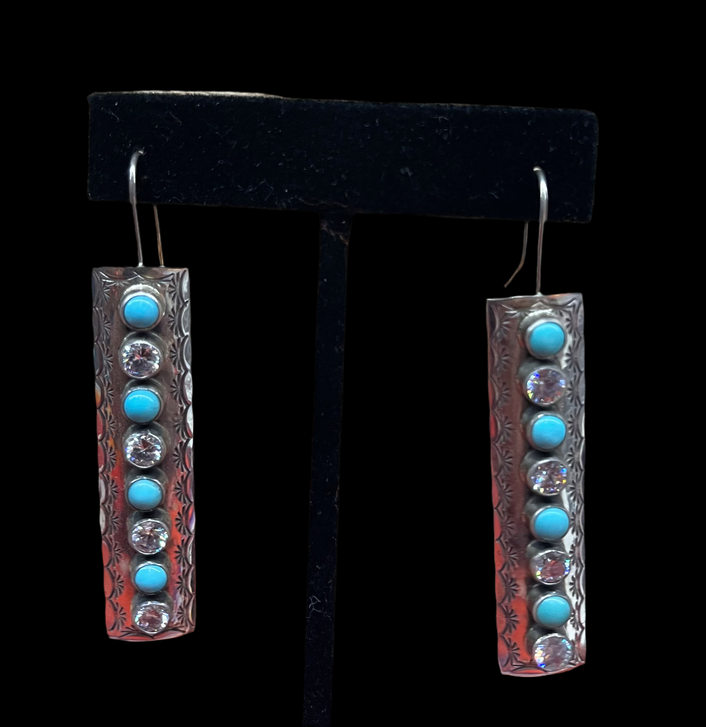 Kingman Turquoise and CZ Crystal Dangle Earrings by Renell Perry, Navajo