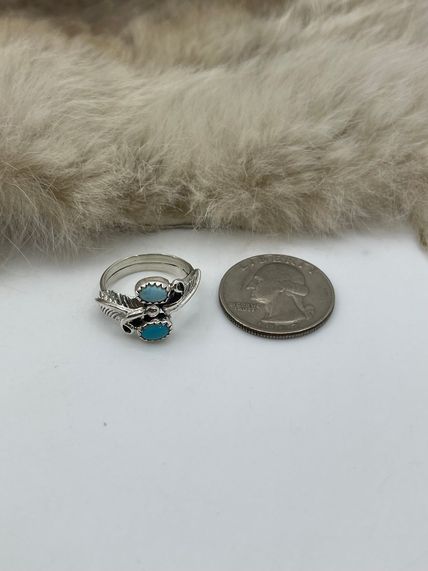 8.0 2 Stone Turquoise Ring with Feathers by Charles B. Yazzie, Navajo