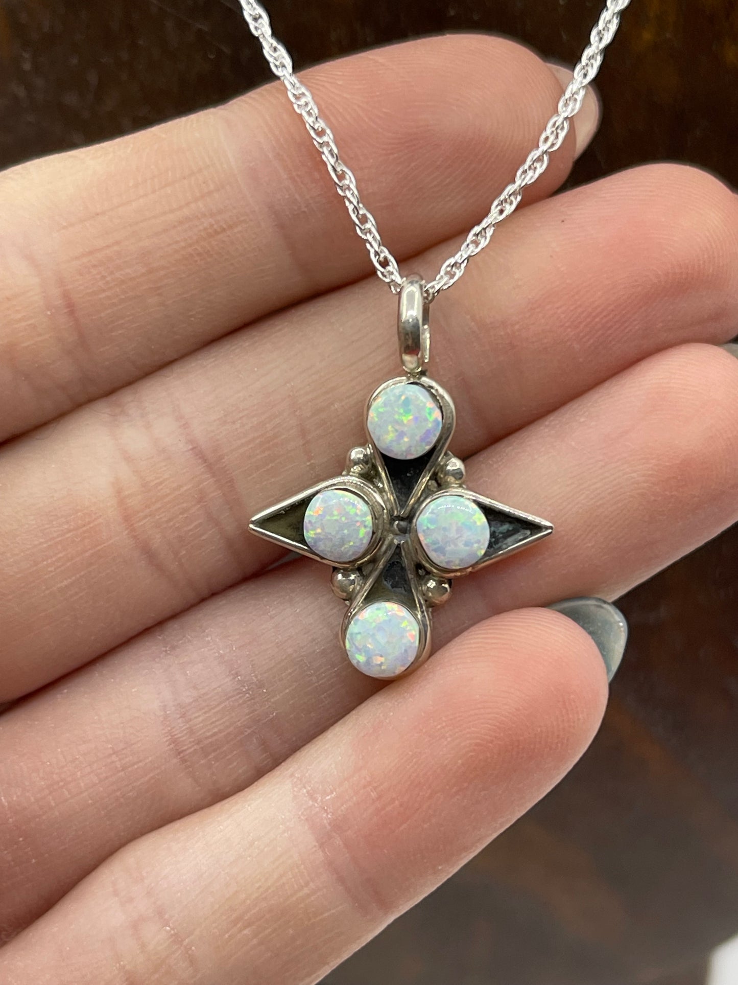 16" 4 Stone White Opal Necklace by Alvinia Lalio, Zuni