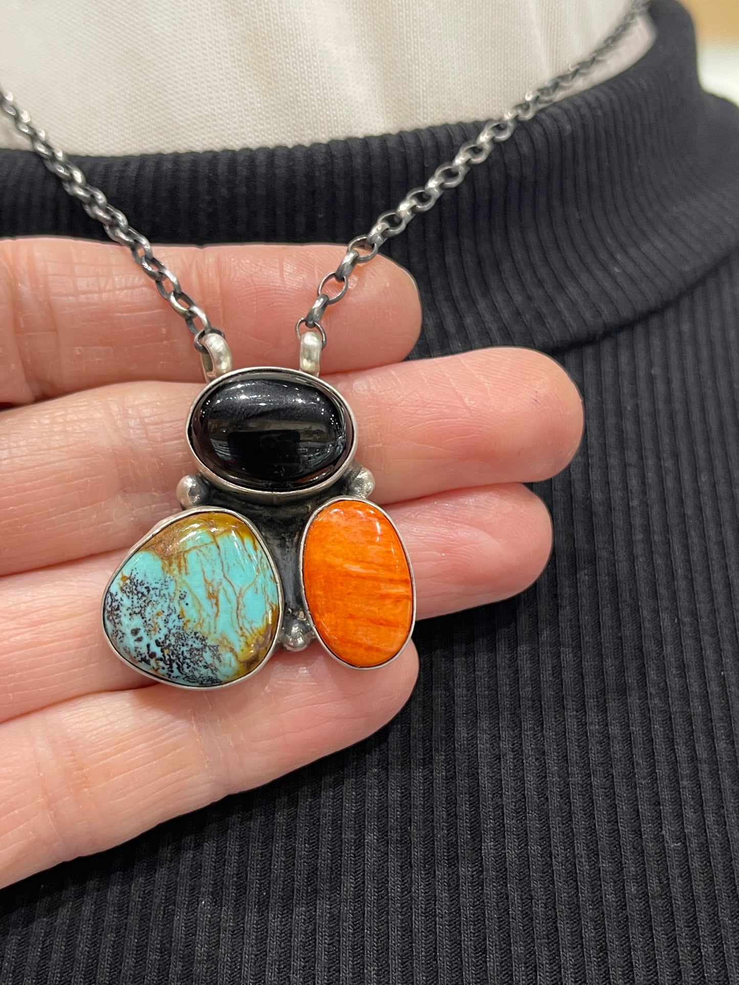 16" Multi-Colored 3 Stone Cluster Necklace by Donovan Skeet, Navajo